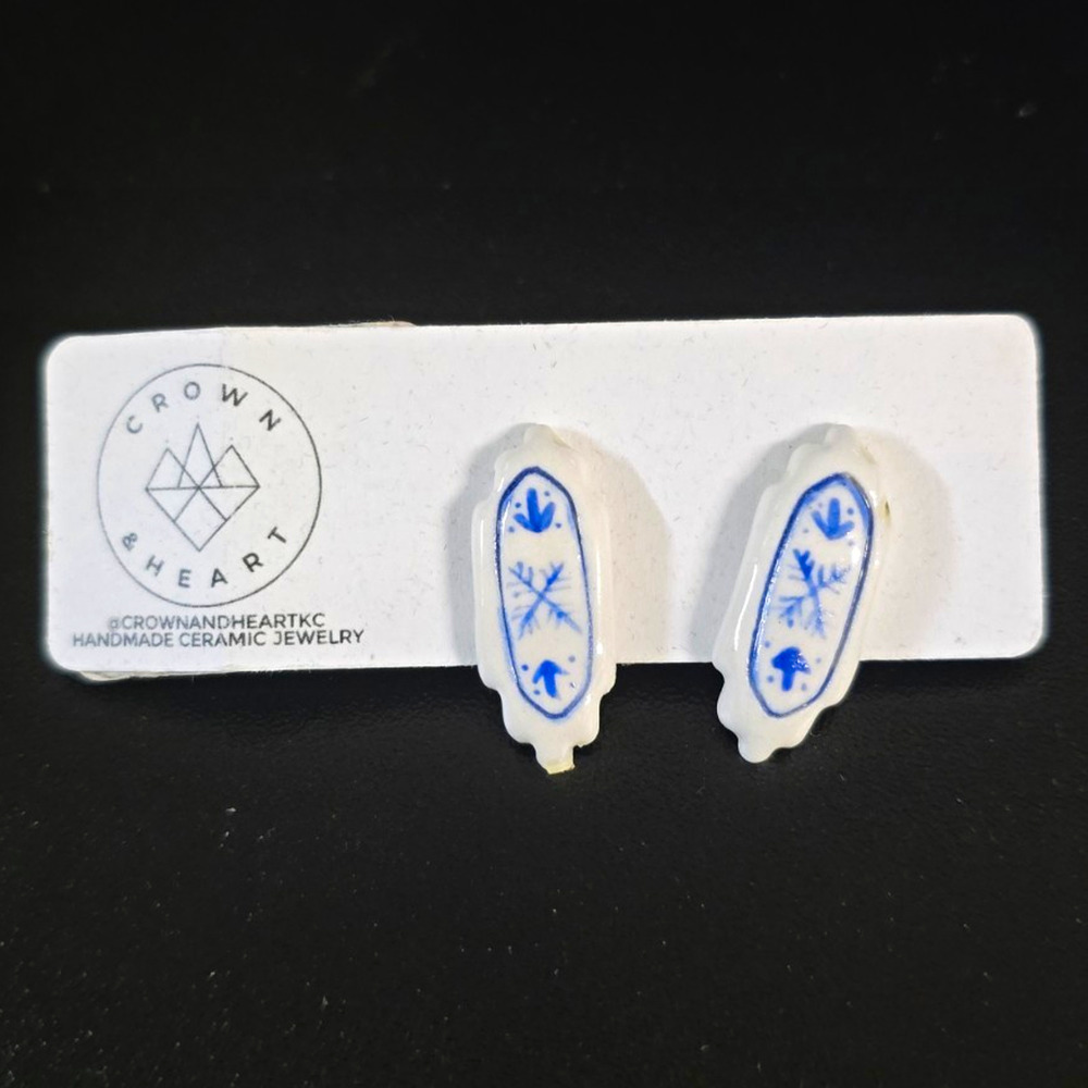 Crown & Heart Handmade Blue & White Floral Oval Ceramic Stud Earrings